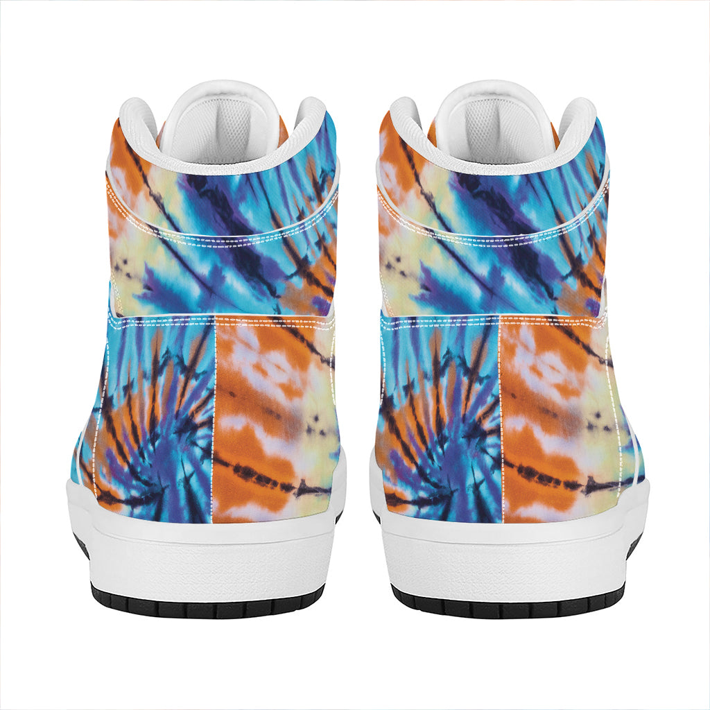 Blue And Orange Tie Dye Print High Top Leather Sneakers