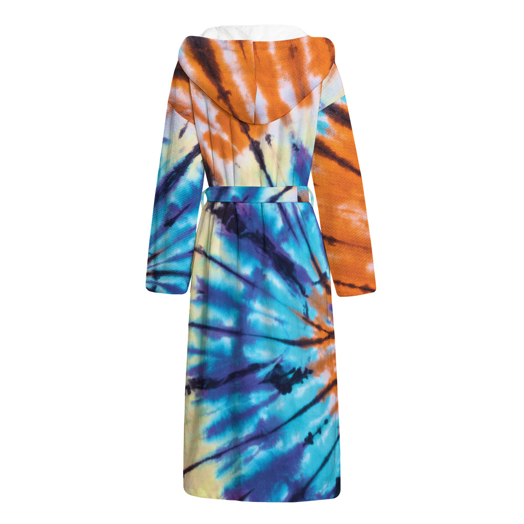 Blue And Orange Tie Dye Print Hooded Bathrobe