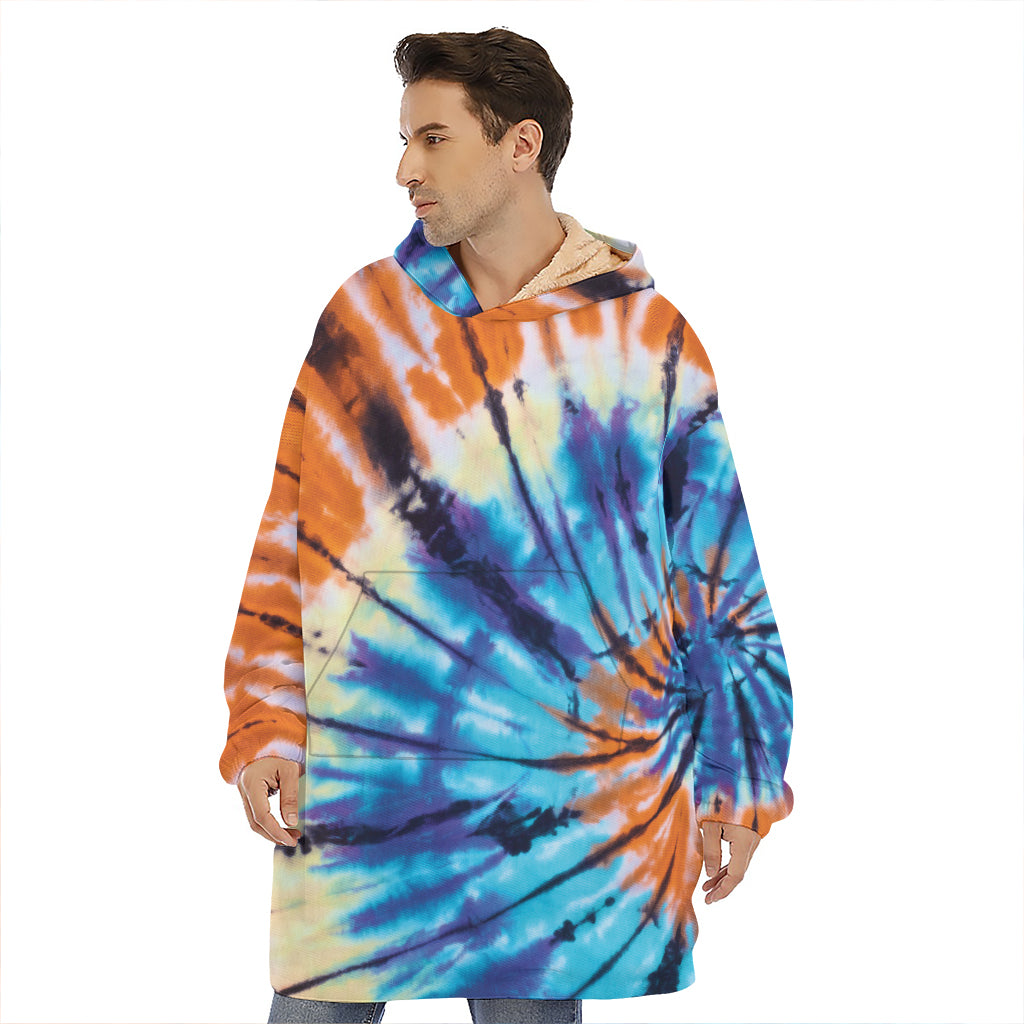 Blue And Orange Tie Dye Print Hoodie Blanket