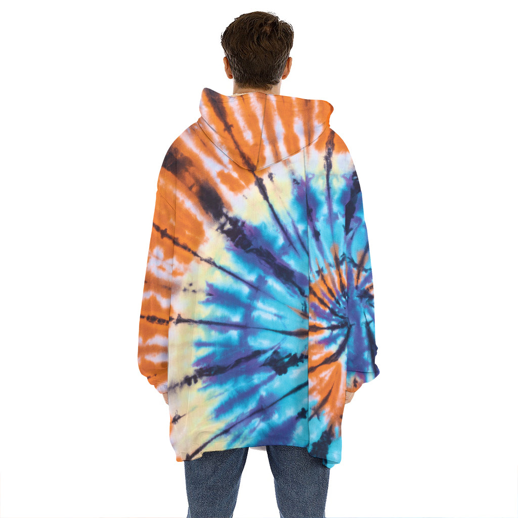 Blue And Orange Tie Dye Print Hoodie Blanket
