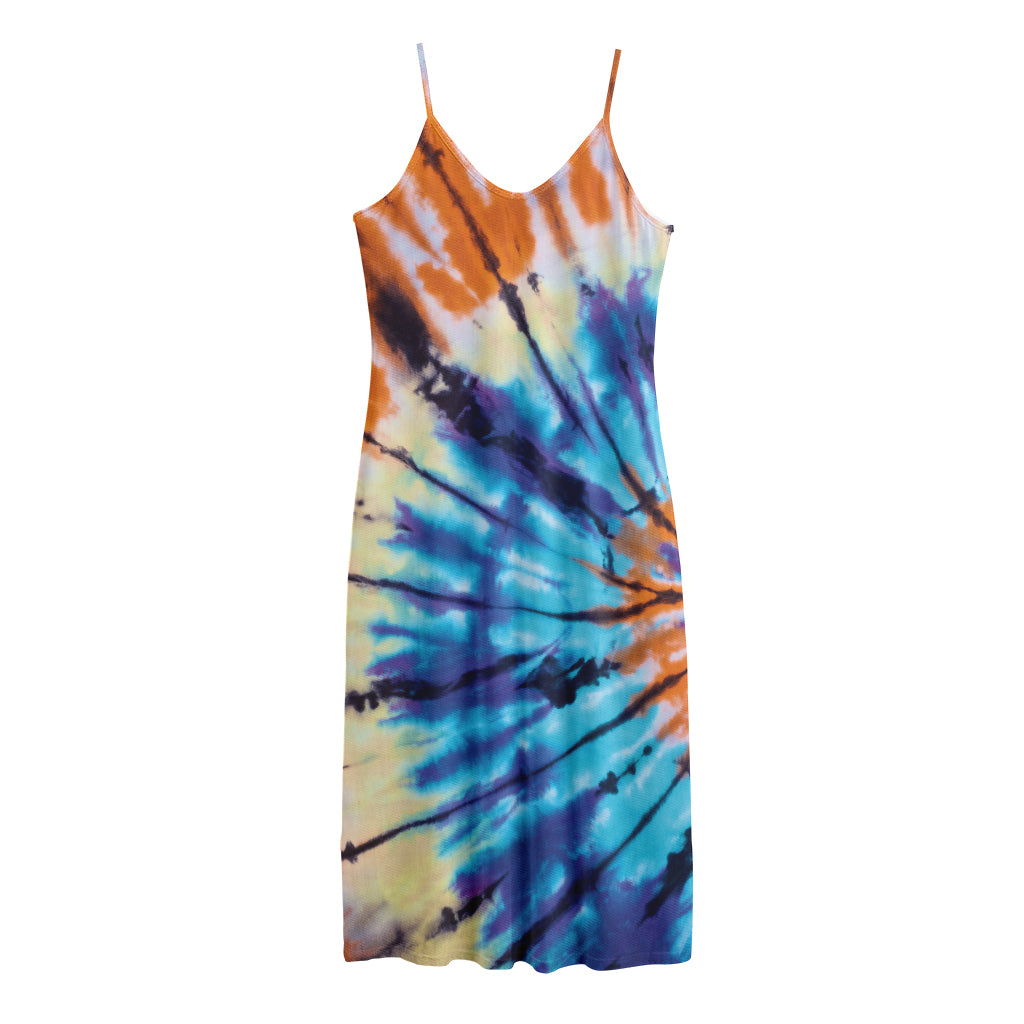 Blue And Orange Tie Dye Print Jersey Midi Cami Dress