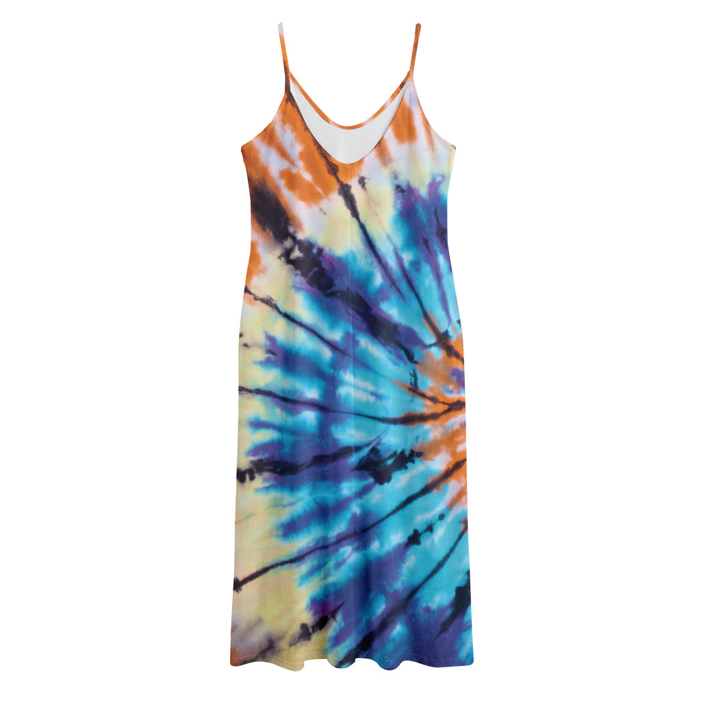 Blue And Orange Tie Dye Print Jersey Midi Cami Dress