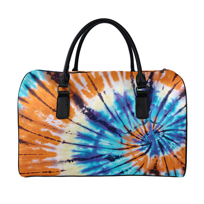 Blue And Orange Tie Dye Print Leather Duffle Bag
