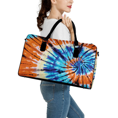 Blue And Orange Tie Dye Print Leather Duffle Bag