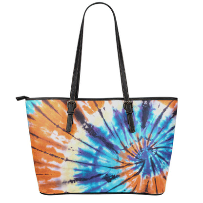 Blue And Orange Tie Dye Print Leather Tote Bag