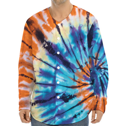 Blue And Orange Tie Dye Print Long Sleeve Baseball Jersey