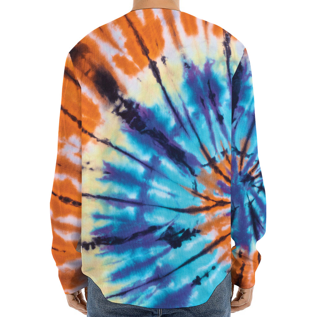 Blue And Orange Tie Dye Print Long Sleeve Baseball Jersey