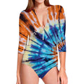 Blue And Orange Tie Dye Print Long Sleeve Swimsuit