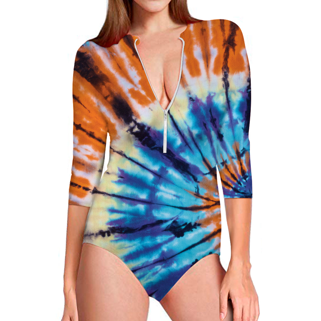 Blue And Orange Tie Dye Print Long Sleeve Swimsuit
