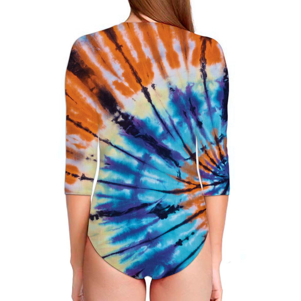 Blue And Orange Tie Dye Print Long Sleeve Swimsuit