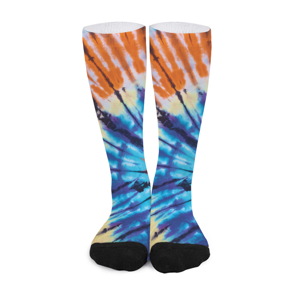 Blue And Orange Tie Dye Print Long Socks