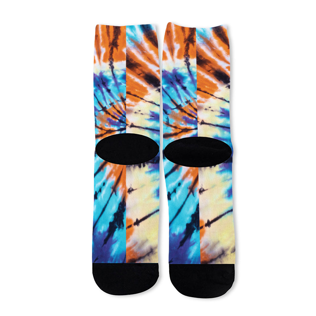 Blue And Orange Tie Dye Print Long Socks