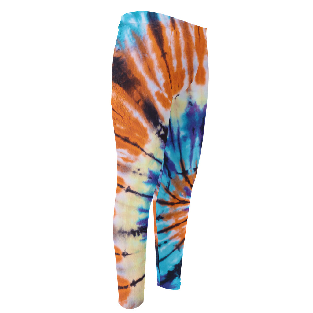 Blue And Orange Tie Dye Print Men's Compression Pants