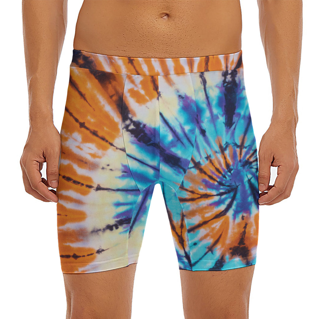 Blue And Orange Tie Dye Print Men's Long Boxer Briefs