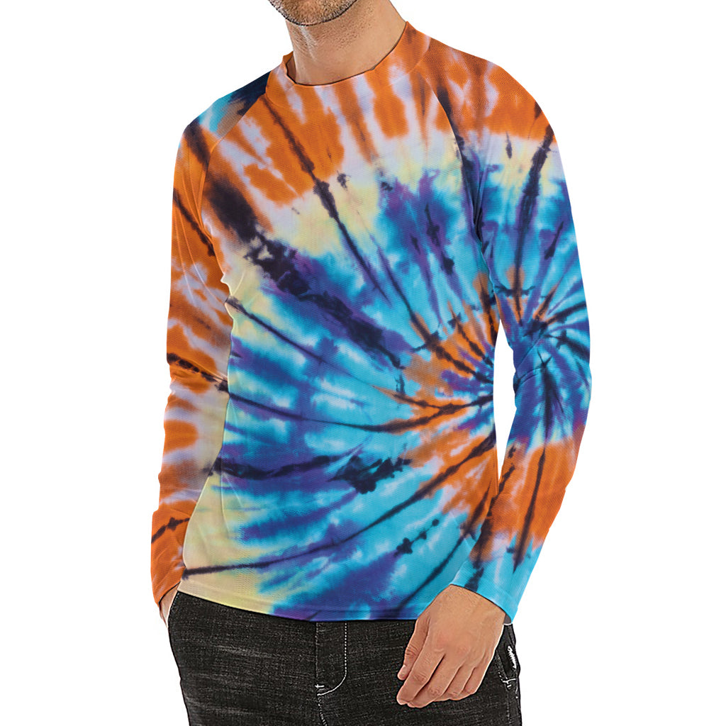 Blue And Orange Tie Dye Print Men's Long Sleeve Rash Guard