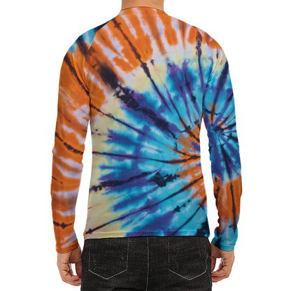 Blue And Orange Tie Dye Print Men's Long Sleeve Rash Guard