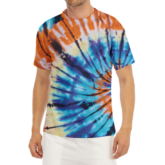 Blue And Orange Tie Dye Print Men's Short Sleeve Rash Guard