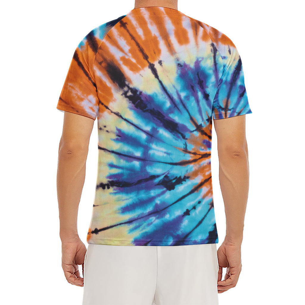 Blue And Orange Tie Dye Print Men's Short Sleeve Rash Guard
