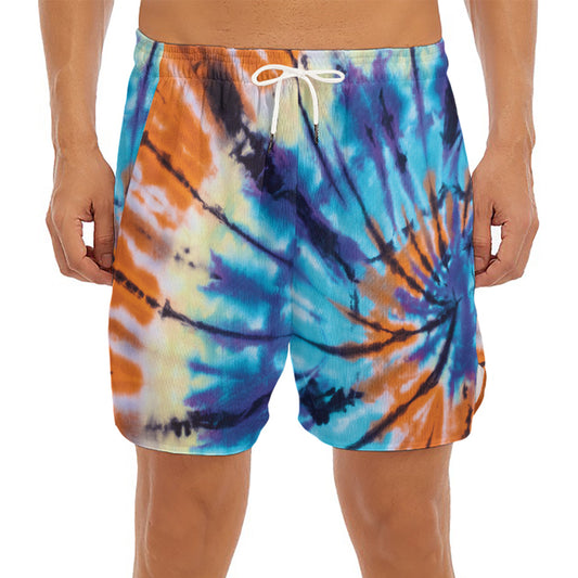 Blue And Orange Tie Dye Print Men's Split Running Shorts