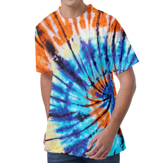 Blue And Orange Tie Dye Print Men's Velvet T-Shirt