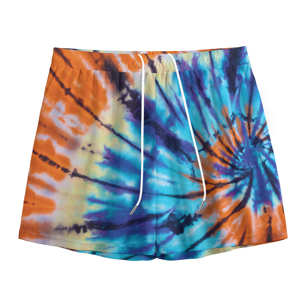 Blue And Orange Tie Dye Print Mesh Shorts