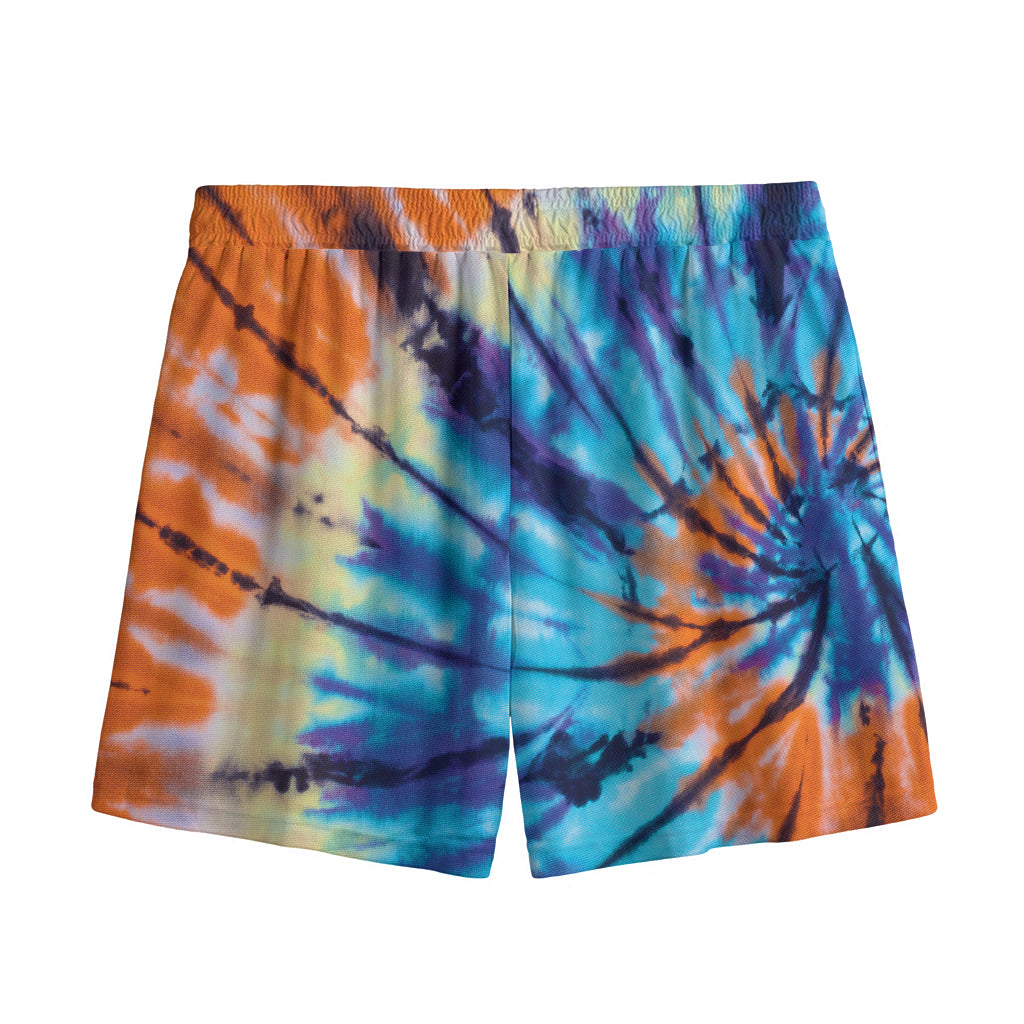 Blue And Orange Tie Dye Print Mesh Shorts