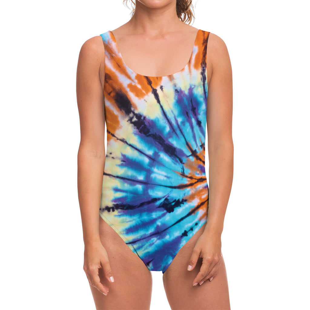 Blue And Orange Tie Dye Print One Piece Swimsuit