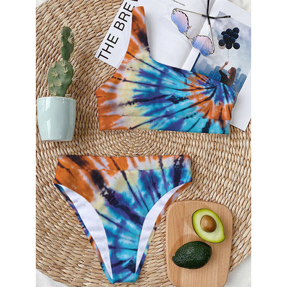 Blue And Orange Tie Dye Print One Shoulder Bikini Top