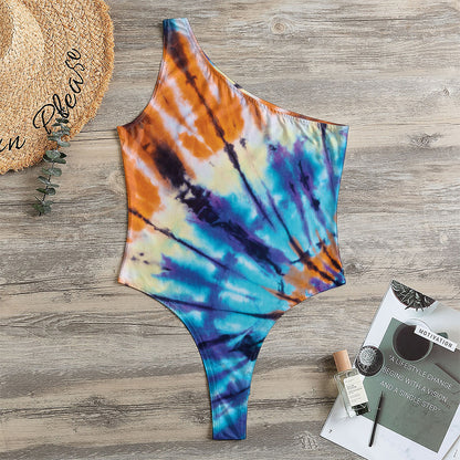 Blue And Orange Tie Dye Print One Shoulder Bodysuit