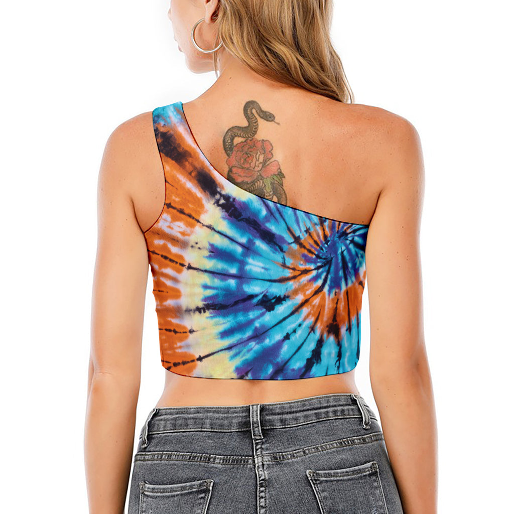 Blue And Orange Tie Dye Print One Shoulder Crop Top
