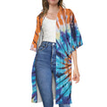 Blue And Orange Tie Dye Print Open Front Beach Cover Up
