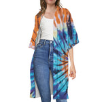 Blue And Orange Tie Dye Print Open Front Beach Cover Up