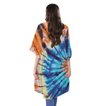 Blue And Orange Tie Dye Print Open Front Beach Cover Up