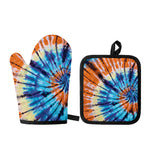 Blue And Orange Tie Dye Print Oven Mitt And Pot Holder Set