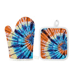 Blue And Orange Tie Dye Print Oven Mitt And Pot Holder Set