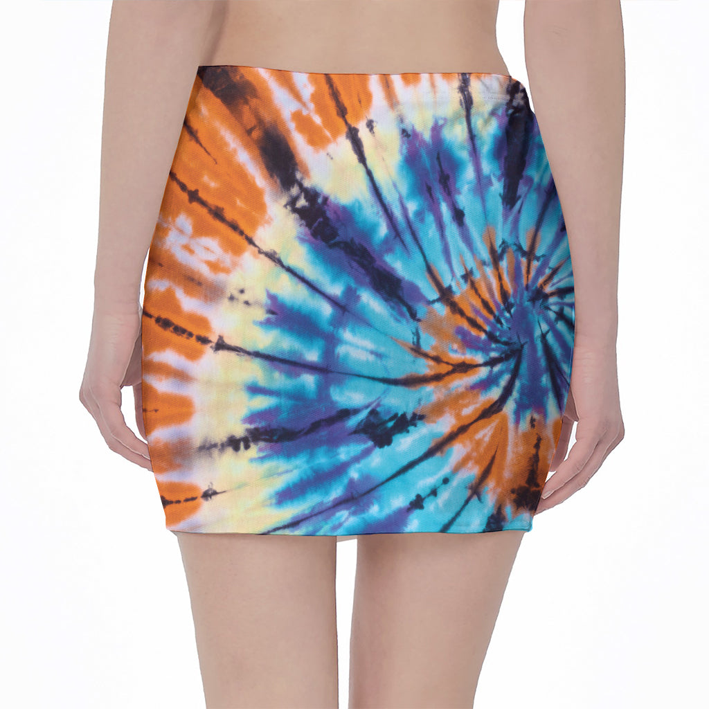 Blue And Orange Tie Dye Print Pencil Mini Skirt