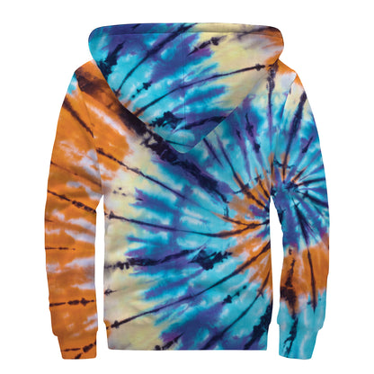 Blue And Orange Tie Dye Print Sherpa Lined Zip Up Hoodie