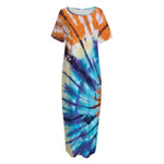 Blue And Orange Tie Dye Print Short Sleeve Long Nightdress