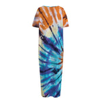 Blue And Orange Tie Dye Print Short Sleeve Long Nightdress
