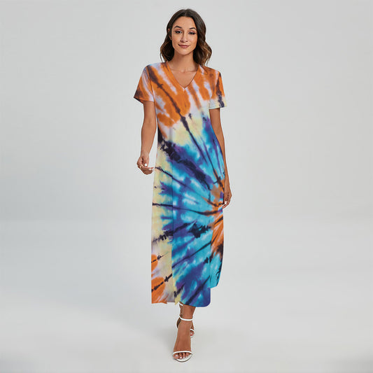 Blue And Orange Tie Dye Print Short Sleeve Maxi Dress