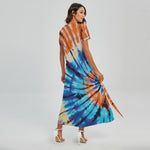 Blue And Orange Tie Dye Print Short Sleeve Maxi Dress