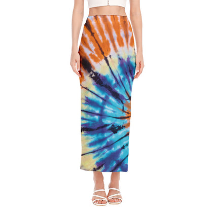Blue And Orange Tie Dye Print Side Slit Maxi Skirt