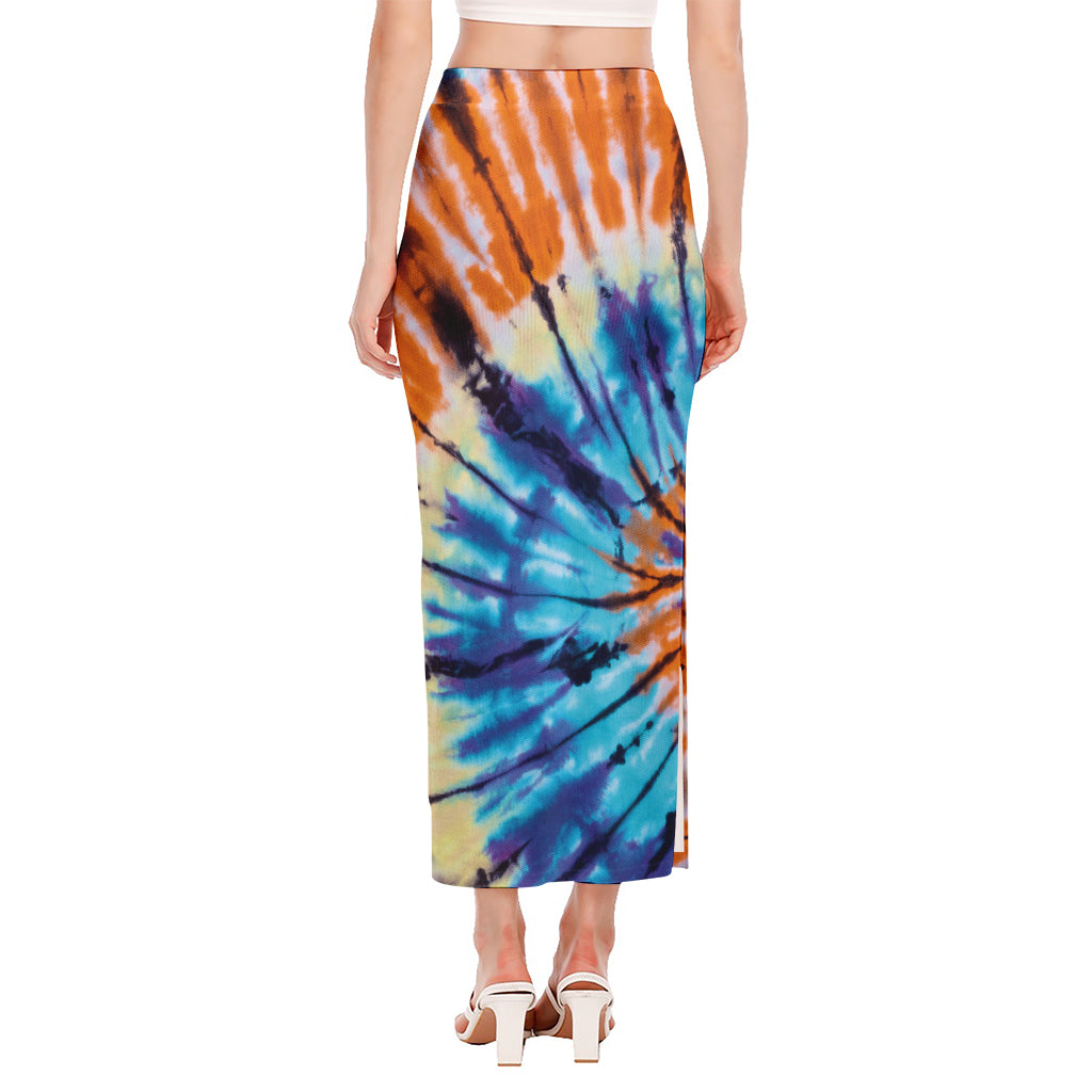 Blue And Orange Tie Dye Print Side Slit Maxi Skirt