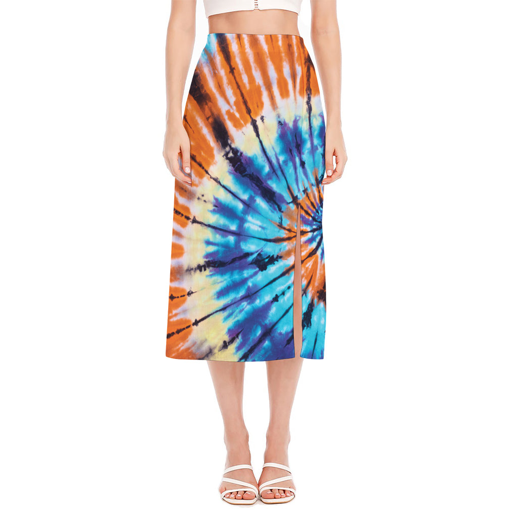Blue And Orange Tie Dye Print Side Slit Midi Skirt