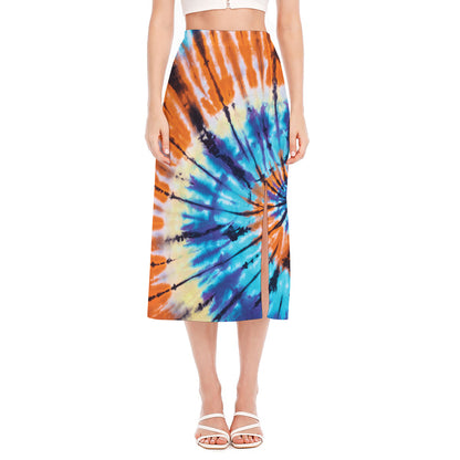 Blue And Orange Tie Dye Print Side Slit Midi Skirt