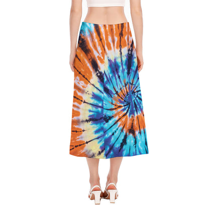 Blue And Orange Tie Dye Print Side Slit Midi Skirt
