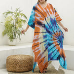Blue And Orange Tie Dye Print Silk V-Neck Kaftan Dress