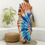 Blue And Orange Tie Dye Print Silk V-Neck Kaftan Dress