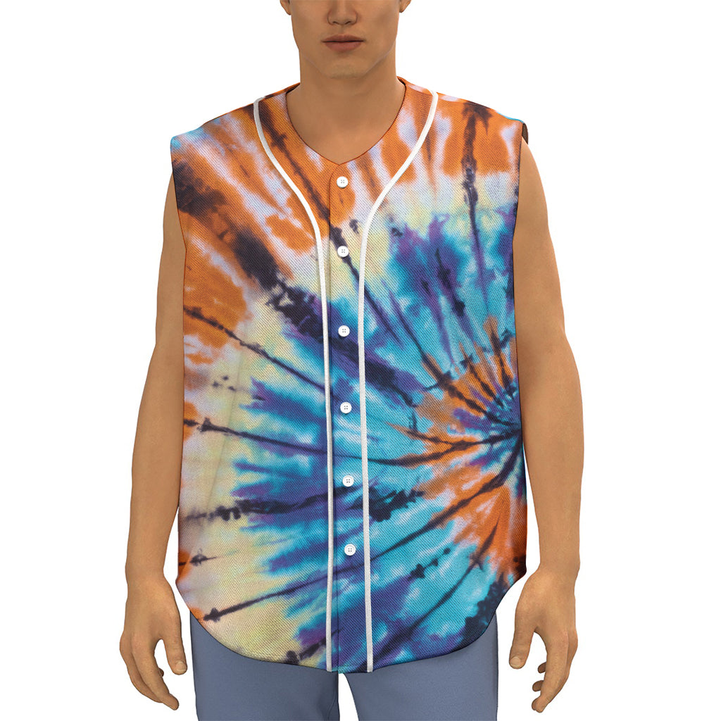 Blue And Orange Tie Dye Print Sleeveless Baseball Jersey