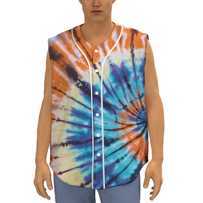 Blue And Orange Tie Dye Print Sleeveless Baseball Jersey